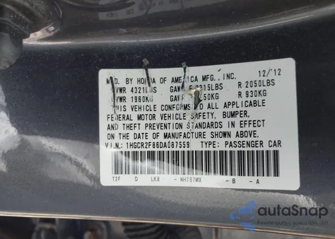 2013 Honda Accord Ex-L from USA, damaged, VIN 1HGCR2F86DA087559